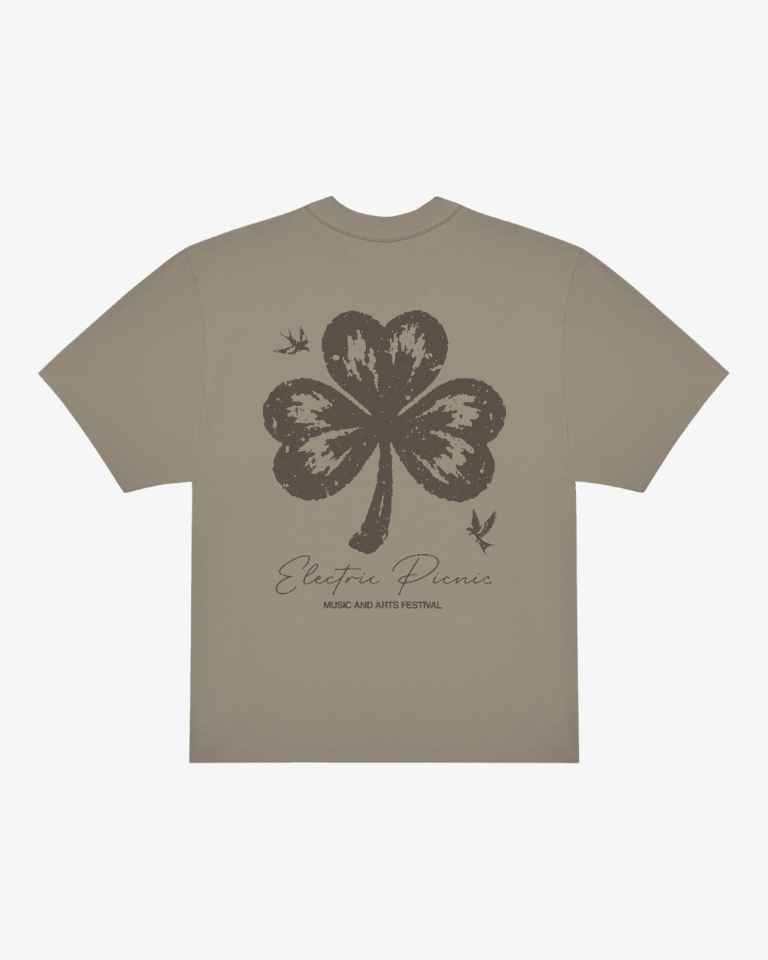 The Click & Collect Vintage Clover Oversized T-Shirt by EP 2026 Click & Collect features a beige design with a large distressed black four-leaf clover graphic, two small birds, and “Electric Picnic Music and Arts Festival” text on the back.