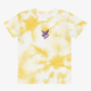 The Click & Collect 2026 Kids Tie Dye Line Up T Shirt by EP 2026 Click & Collect features a yellow and white tie-dye pattern with a small purple graphic of stylized letters and a leaf on the upper left chest. This shirt has short sleeves and a round neckline.