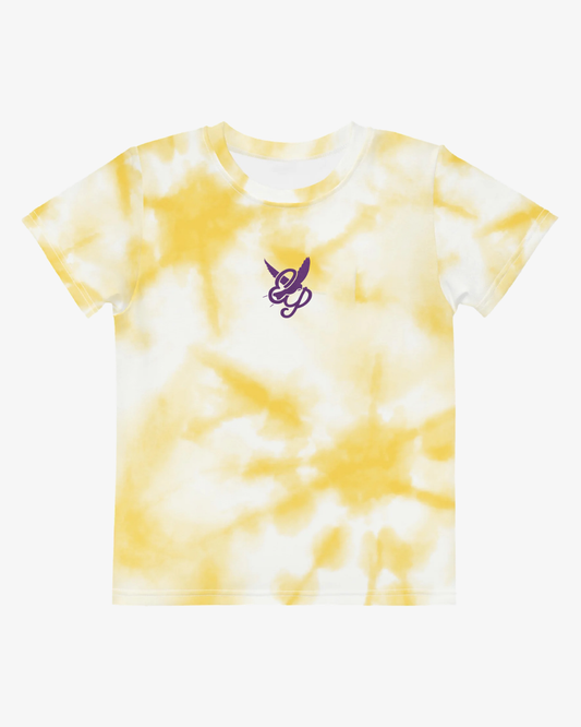The Click & Collect 2026 Kids Tie Dye Line Up T Shirt by EP 2026 Click & Collect features a yellow and white tie-dye pattern with a small purple graphic of stylized letters and a leaf on the upper left chest. This shirt has short sleeves and a round neckline.