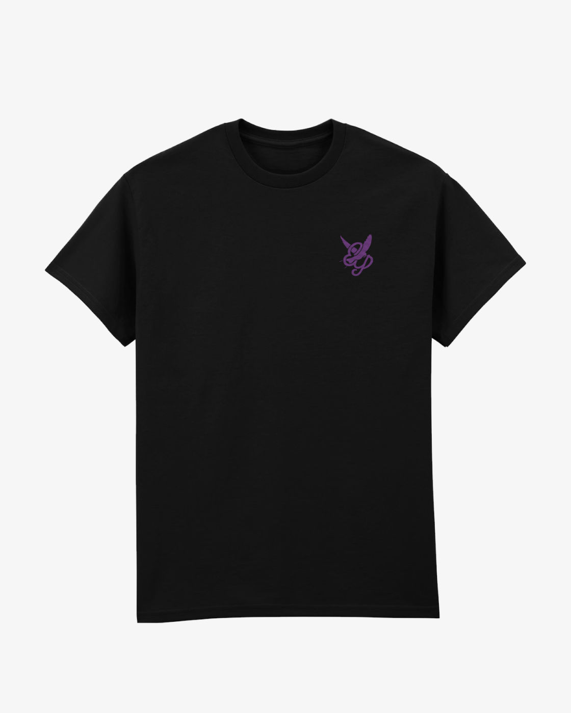 EP 2026 Click & Collect Swallow Monogram Event T Shirt in black features short sleeves and a small purple stylized bee graphic with looping letters on the left chest, shown against a plain white background.
