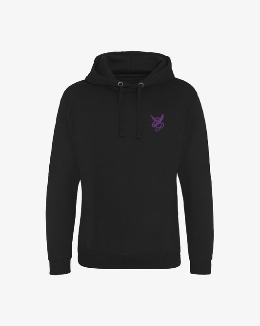 EP 2026 Click & Collect “Click & Collect 2026 Swallow Monogram Event Hoodie” shown in black, featuring a front pocket and drawstring hood, with a small purple swallow monogram logo on the left chest, displayed against a plain white background.