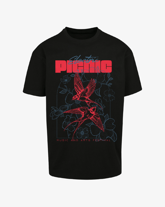 The EP 2026 Click & Collect "Click & Collect 2026 Neon Nature Event T Shirt" is a black t-shirt showcasing two red line-art birds, blue floral outlines, and bold red "Electric Picnic" lettering, with “Music and Arts Festival” in smaller text beneath.