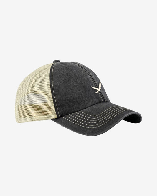 The Electric Picnic Vintage Trucker Cap Black and White features a curved bill, beige mesh back panels, and a white embroidered bird logo on the front.