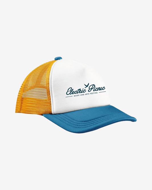 The Vintage Trucker Cap Yellow and Blue by Electric Picnic features a white front, blue bill, yellow mesh back, green Electric Picnic Music and Arts Festival text, and a small bird graphic above the lettering.